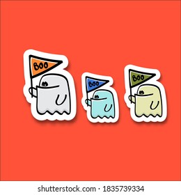 Cartoon-süßer Geisteraufkleber einzeln auf orangefarbenem Hintergrund. Funny-Geist-Symbol-Sammlung