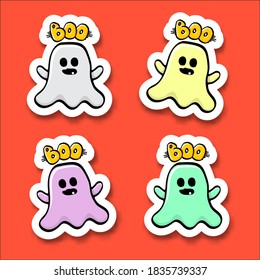 dibujos animados adorable pegatina de fantasmas aislada sobre fondo naranja. Gracioso boo colección de iconos fantasma