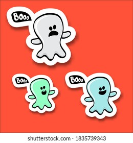 cartoon cute ghost sticker set isolated on orange background. Funny boo ghost icon collection