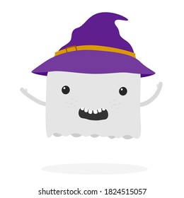 Cartoon cute ghost in a witch hat.Vector ghost cartoon illustration from halloween collection.
