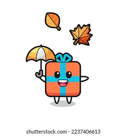 cartoon of the cute gift box holding an umbrella in autumn , cute style design for t shirt, sticker, logo element