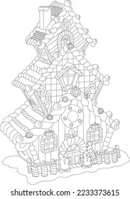 Cartoon cute gingerbread house with candy sketch template. Christmas vector illustration of cookie home in black and white for games. Children's story book, fairytail, coloring paper, page, print