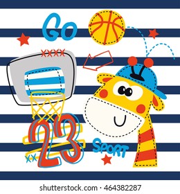 Cartoon cute giraffe basketball player play with ball on lined background illustration vector.