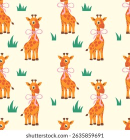 Cartoon cute giraffe with bow in flat style seamless pattern