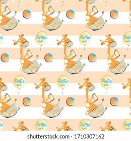 Cartoon cute giraffe character seamless vector pattern. Selfie fan)) collection