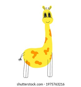 Cartoon cute giraffe in flat style isolated on white background. Childlike style. Vector illustration. Hand drawn, doodles.