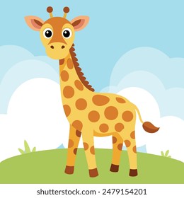 Cartoon cute giraffe in flat style. Vector illustration. Adorable Baby Giraffe. Design for print, sticker, icon, emblem or children book illustration