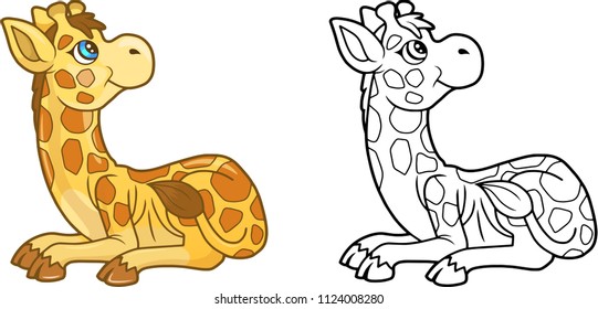 cartoon cute giraffe lies on the ground, funny illustration