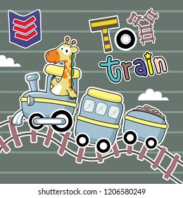 Cartoon of cute giraffe riding toy train isolated on striped background illustration vector