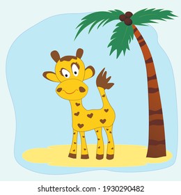 Cartoon cute giraffe stands under a palm tree