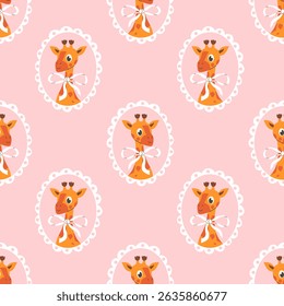 Cartoon cute giraffes with bow framed seamless pattern