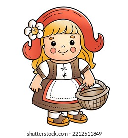 Caricatura linda chica con canasta. Pequeña capucha roja. Un héroe de cuento de hadas. Colorida ilustración vectorial para los niños.