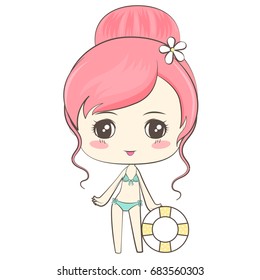 Cartoon cute girl in bikini who has pink hair and hold swim tube.
