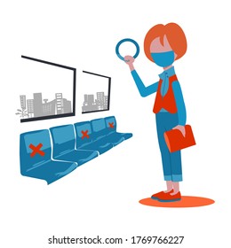 Cartoon cute girl, boy is Wearing shirt and long jeans, handling red book ,wearing face mask,standing in Elevated Train ,vector flat isolate design concept for social distancing 