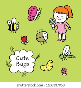 Cartoon cute girl and bugs vector.