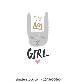 Cartoon cute girl bunny face. Scandinavian style, unique print for nursery posters, cards, mugs, clothes and other. Vector Illustration, clipart. Isolated on white background.