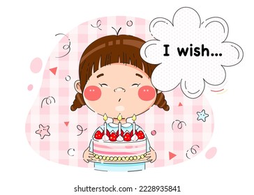 Cartoon cute girl celebrate Happy Birthday with cake and candles. The child makes a wish vector illustration with confetti background. 