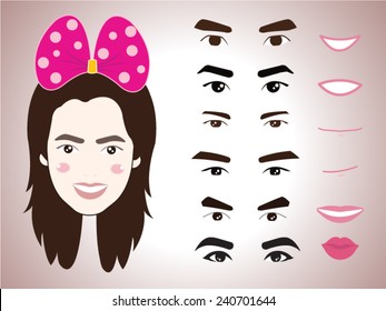 cartoon cute girl character pack facial emotions design elements isolated vector illustration