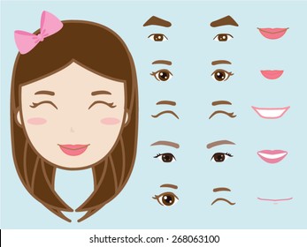 cartoon cute girl character pack facial emotions design elements isolated vector illustration