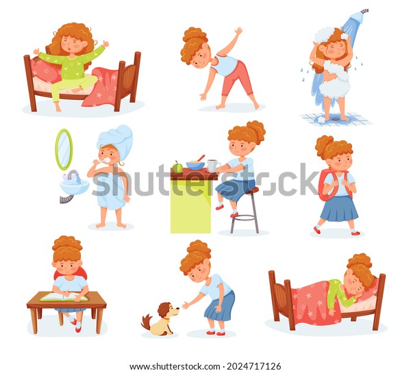 Cartoon Cute Girl Daily Routine Children Stock Vector (Royalty Free ...