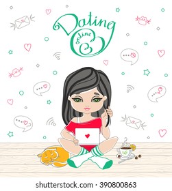 Cartoon cute girl dating on-line with lettering dating on-line. Girl sitting on wooden floor with laptop. On a floor are sleeping red cat and a Cup of tea, lemon and chocolate. Vector illustration