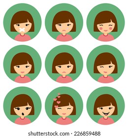Cartoon Cute Girl with Different Emotion: Silent, Crying, Cheerful, Confused, Sad, Winking, Suprised, Laughing. Set of Vector Icons.
