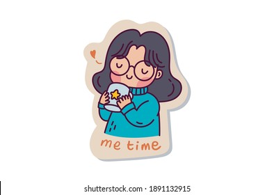 Cartoon cute girl drinking chocolate sticker design