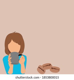 Cartoon  cute girl  enjoying the aroma of a fresh cup of coffee or tea in her hand.Beautiful woman sipping his morning coffee. Happy girl holding cup and drink coffee during breakfast.Vector isolate.