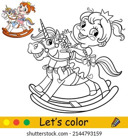 Cartoon cute girl in a fantasy rocking horse unicorn. Coloring book page with colorful template for kids. Vector isolated illustration. For coloring book, print, game, party, design