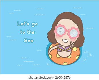 cartoon cute girl floating with inflatable ring on the sea, vector
