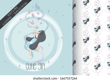 cartoon cute girl flying imagination with seamless pattern
