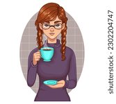 Cartoon cute girl in glasses with pigtails holds a cup of hot coffee or chocolate in her hand, vector illustration, eps10