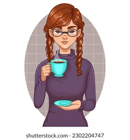 Caricatura linda chica con gafas con pigtails sostiene una taza de café caliente o chocolate en su mano, ilustración vectorial, eps10