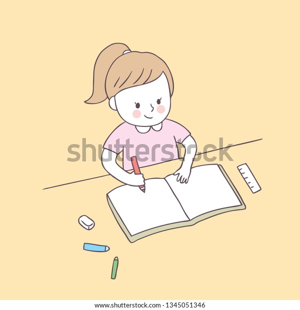 Cartoon Cute Girl Homework Vector Stock Vector Royalty Free