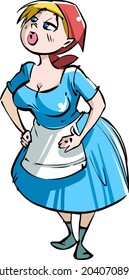 Cartoon cute girl housewife indignant and unhappy. Beauty with a red handkerchief on her head in a blue dress and apron. Vector illustration