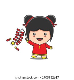 cartoon cute girl illustration celebrating chinese new year day