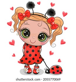 Cartoon Cute Girl in a ladybug costume and ladybug