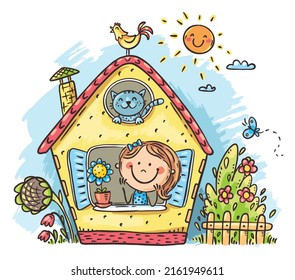 Cartoon cute girl looking out the window at home