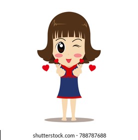 Cartoon cute girl making mini heart symbol isolated on white background - Heart hand vector illustration