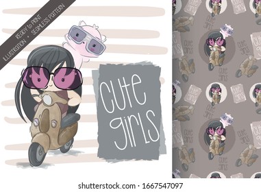 cartoon cute  girl on scooter with seamless pattern