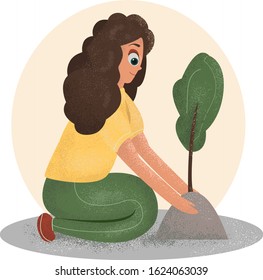 Cartoon cute girl plants a tree. Illustration with noises.