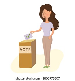 Cartoon cute girl is putting paper ballot with vote for a candidate in the ballot box. Women activists are calling for votes. Pre-election campaign. Voting and Election concept.
