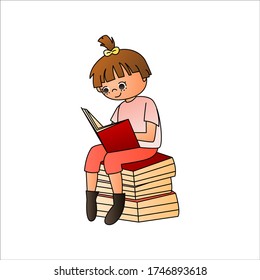 Cartoon of cute cartoon girl read a book on white background, eps 10 vector.