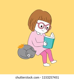 Cartoon cute girl reading and cat vector.