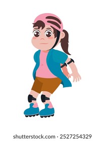 cartoon cute girl riding roller skates isolated