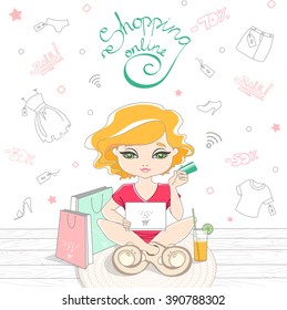 Cartoon cute girl shopping on-line on the background of the Doodle clothes. Girl sitting on rug with laptop and holding credit card. On a wooden floor are shopping bags and a soda. Vector illustration