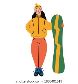 Cartoon cute girl with snowboard trendy style vector illustration