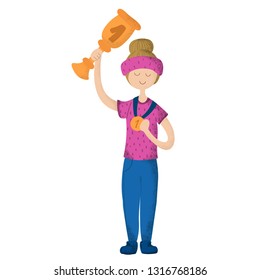 Cartoon cute girl standing with a cup and a medal, child or kid - winner of sport competition. Little girl on white background. Healthy activities. Vector flat,  trendy noises