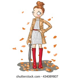 Cartoon cute girl with umbrella. Vector illustration.