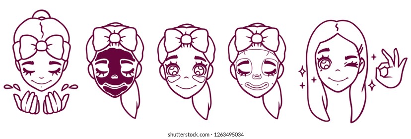 cartoon cute girl washes, makes a mask, patches, shines. set of self-care actions.
